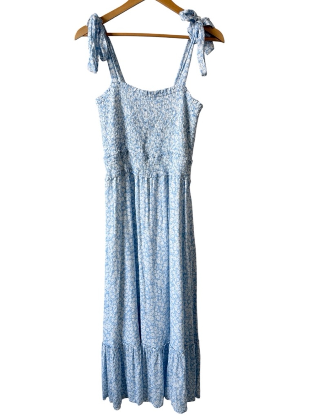 Lost + Wander Blue Floral Smocked Midi Dress Tie Strap Boho M NWT